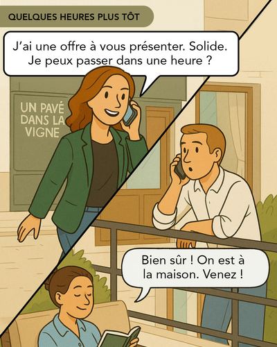 Le couple réagit à la nouvelle de l'offre reçue, l'homme et la femme se regardent avec l'air de penser qu'ils auraient pu demander davantage
