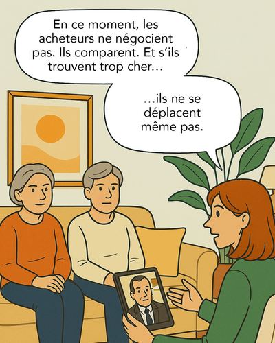 Illustration montrant un acheteur qui fait défiler des annonces immobilières sur son téléphone, ignorant les biens trop chers