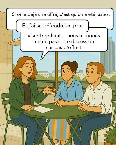 Le vendeur, bras croisés, reste convaincu qu'il peut obtenir mieux et décide de refuser l'offre