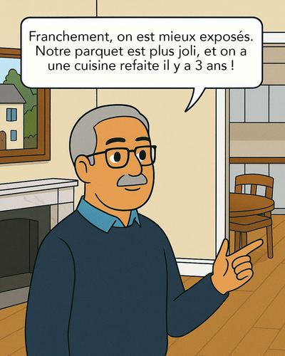 Illustration des différences entre les deux maisons : l'une a une terrasse exposée sud, l'autre un jardin à l'ombre ; l'une a été rénovée, l'autre non