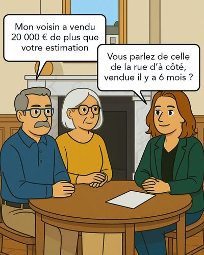 Le couple explique à l'agent immobilier que leur voisin a vendu au-dessus de l'estimation et qu'ils veulent au minimum le même prix